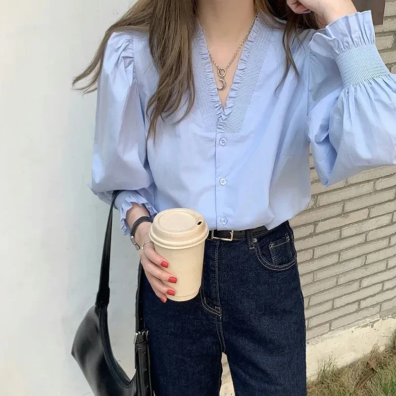 Elegant Blue Shirts Women V Neck White Puff Long Sleeve Blouses Streetwear Korean Fashion Casual All Match Tops Spring Autumn