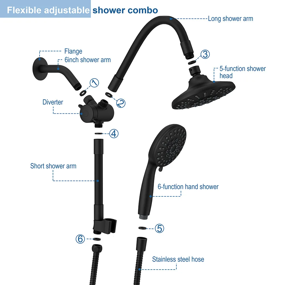 Black Bathroom shower head set High Quality Multi-function shower spray Complete set Universal rotation with Shower arm hose