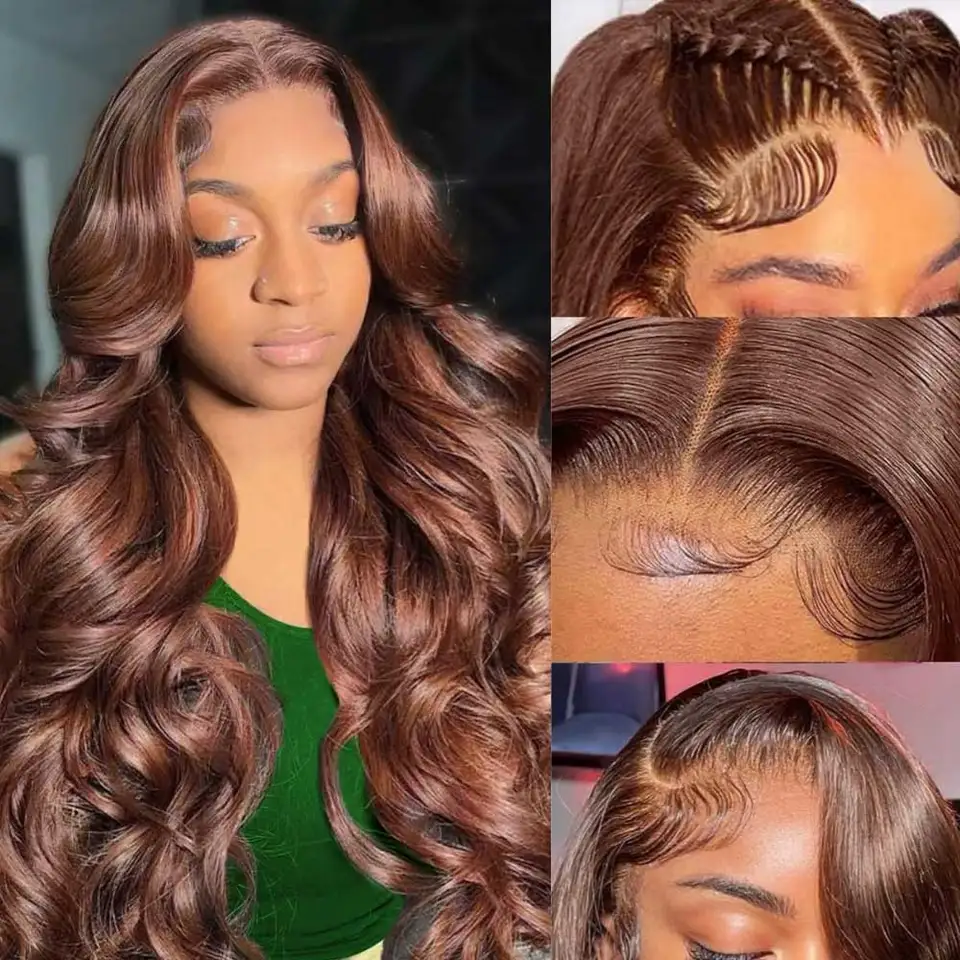 Peluca de cabello humano color marrón chocolate, Body Wave, frontal de encaje HD 13X4, para mujer, mojada y ondulada 2