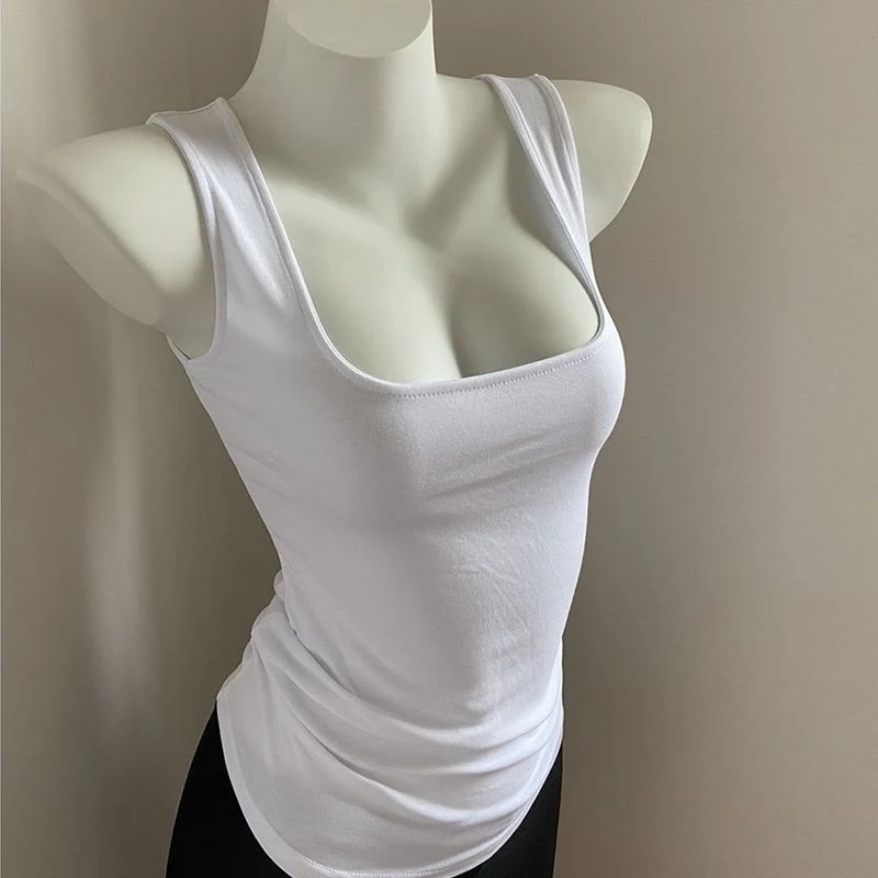 Sexy Solid Vest Women Square Low Collar Pad Female Tank Tops Summer Spring Base Simple Slim Bodycon Sleeveless Tee Lady