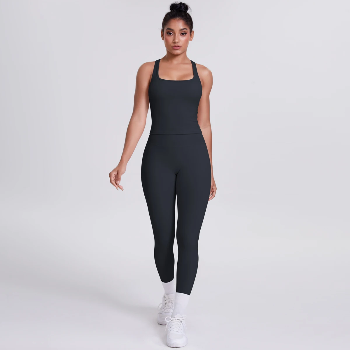 Hamidou 2-teiliges Damen-Yoga-Set, schnell trocknende, hüftformende Fitnesshose, Yoga-Leggings, einfarbig, Gym, schöner Rücken, I-förmige Weste – Detail 15