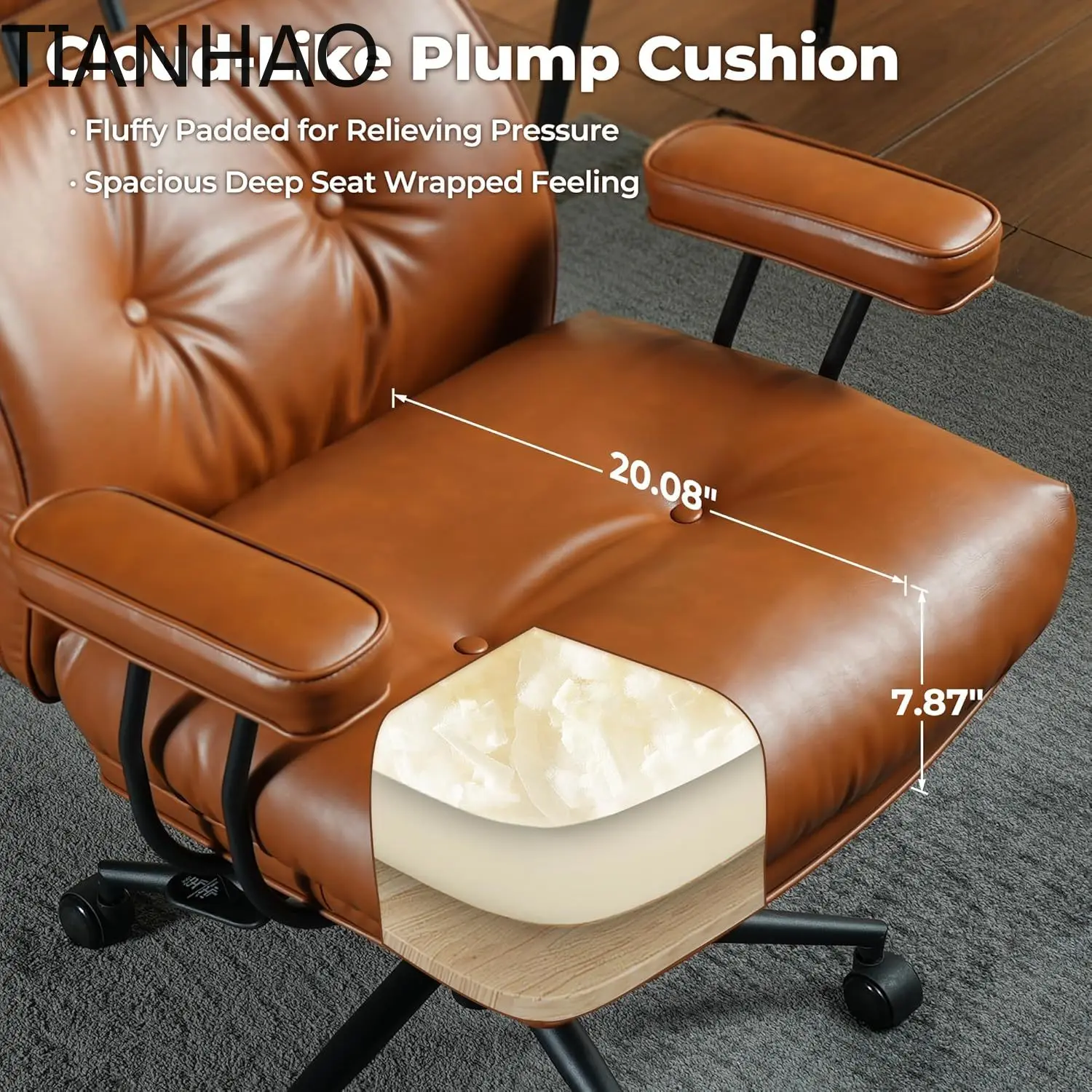 Ergonomic Home Office Chair, Mid-Century Modern Leather Chair with Lumbar Support, High Back Swivel Rolling Executive Chair