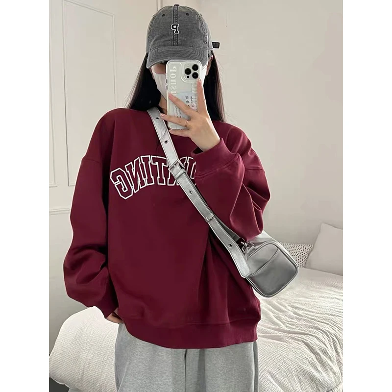 Autumn Fashion Letter Hoodie Women Round Neck Long Sleeve Casual Loose Sweatshirt