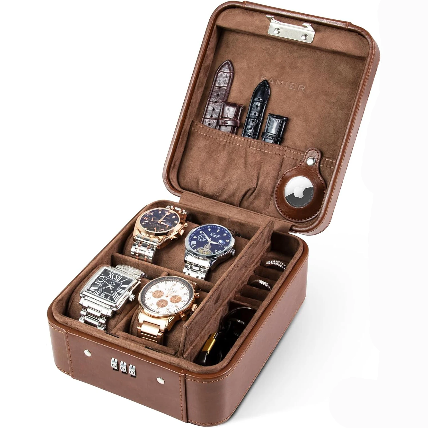 

KAMIER Watch Case with Combination Lock - 4 Watch Storage and Jewelry Organizer-PU Leather Travel Watch Case