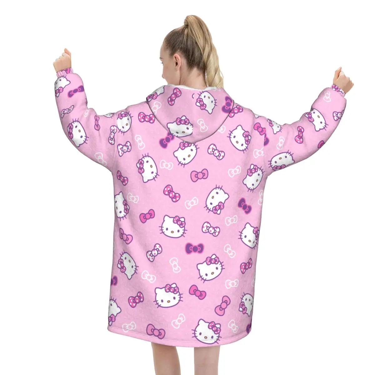 Hellos Kittys Manta de gran tamaño con dibujos animados, sudadera con capucha, manta larga de lana con capucha, manta usable con bolsillo grande para mujeres y hombres