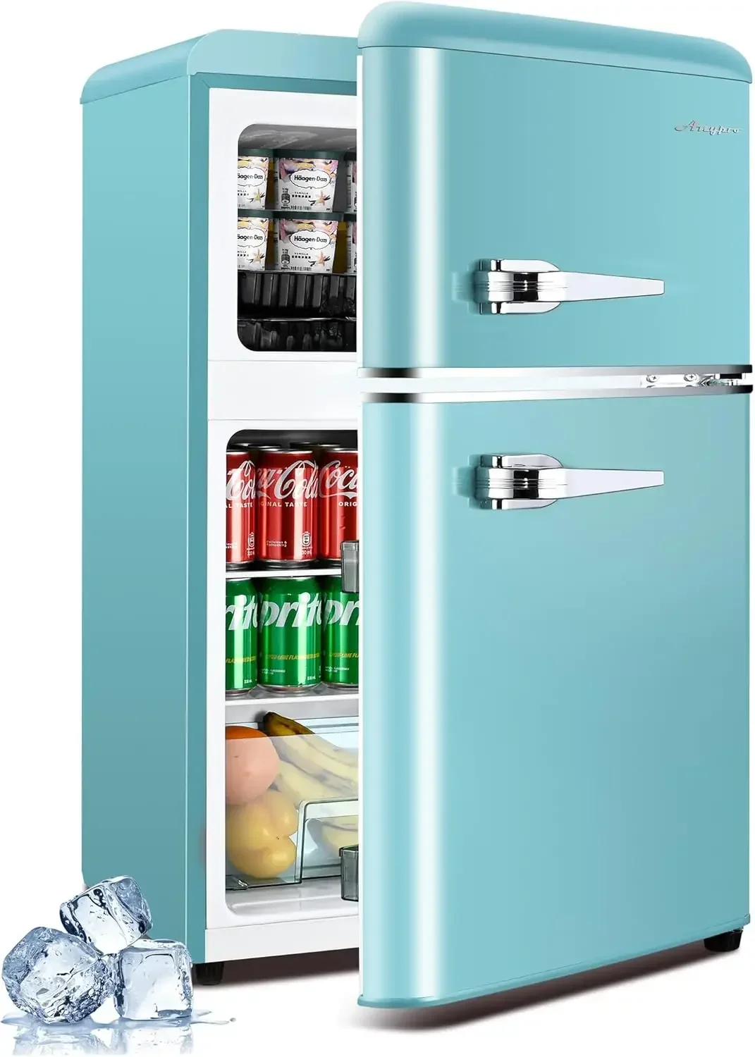 3.2 Cu.Ft Refrigerator, Fridge with Freezer, Retro Double Door Fridge, 7 AdjustableTemperature Settings, Removabl