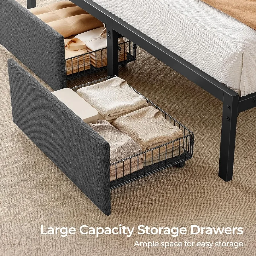 إطار سرير كامل الحجم مع محطة شحن مريحة للتخزين على اللوح الأمامي وسرير بمنصة منجدة مع درج إضاءة LED شديد التحمل