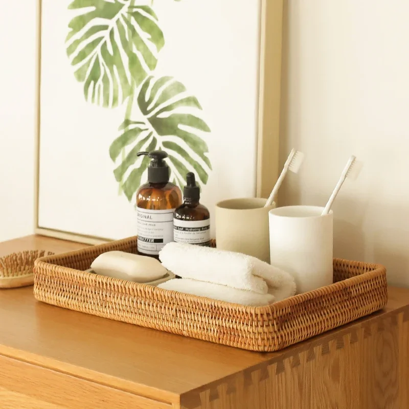Handwoven Rattan Storage Basket Square Wicker Tray Picnic Basket Bread Food Plate Fruit Cake, Sundries Box, Home Desk Decoration view 3