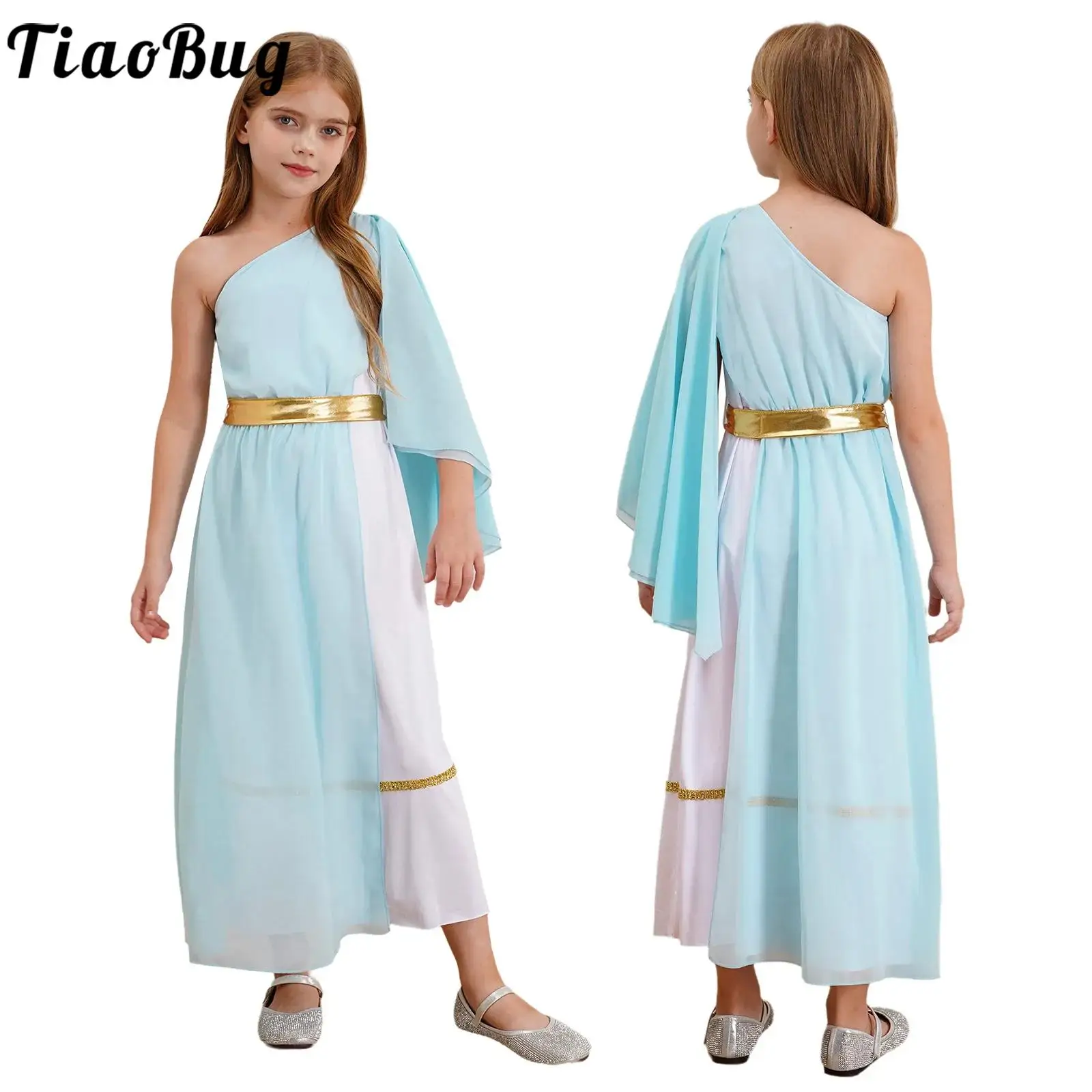 

Girls Halloween Ancient Greek Toga Costume Egypt Princess One Shoulder Shawl Flowy Choir Chorus Robe Dress for Party Performance