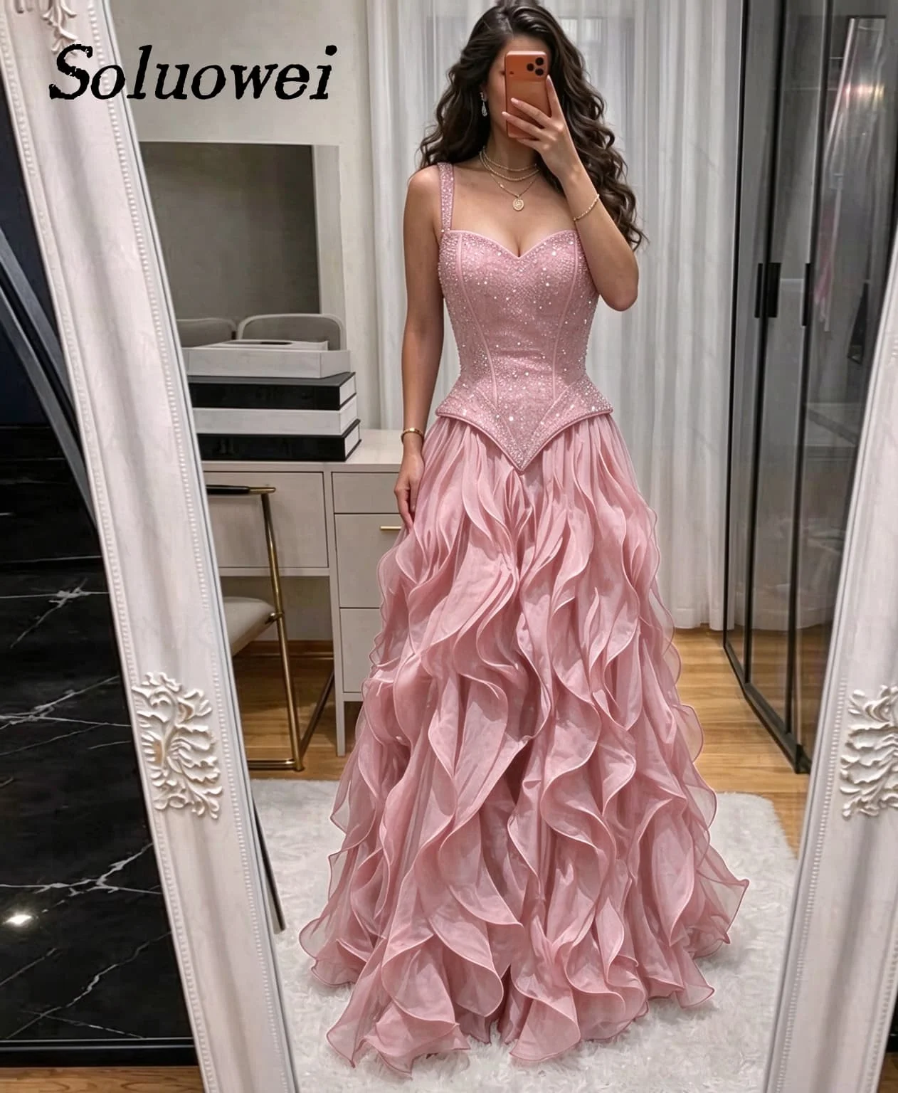 Charming Ruffles Prom Dresses Spaghetti Straps Sweetheart Lacing Up Saudi Arabric Evening Gowns Vestido De Formatura Customized