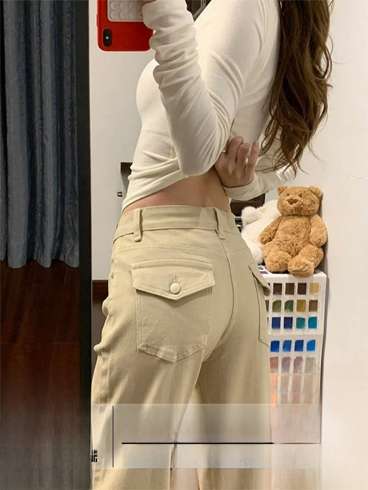 

Женские джинсовые брюки с высокой талией и широкими штанинами, цвета хаки, свободного кроя, в американском стиле, для работы, весна-лето, новинка