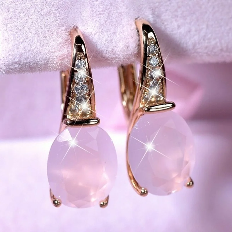 Luxury Round Crystal Pink Stone Hoop Earrings for Women Bridal Wedding Dangle Earrings Anniversary Valentine\'s Day Gift Jewelry