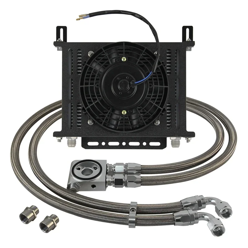 28 Row Universal AN10 Thermostatic 73 Degree Oil Cooler Kit+7'' Fan w/Bracket Kit Transmission Engine Black/Silver