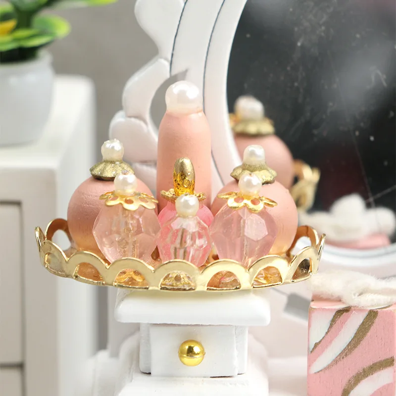 

1:12 Dollhouse Pink Perfume Set 5PCS - Gold Tray Mini Bathroom Bedroom Accessories Tiny Vanity Decor Pretend Play Toy