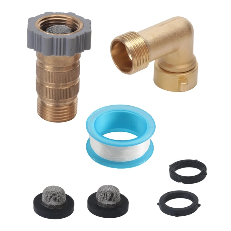 M76E Wasseranschluss-Regler-Set aus Messing mit 90-Grad-Winkeladapter, Gartenschlauch-Gewindeanschluss, Dichtungsband – Detail 1