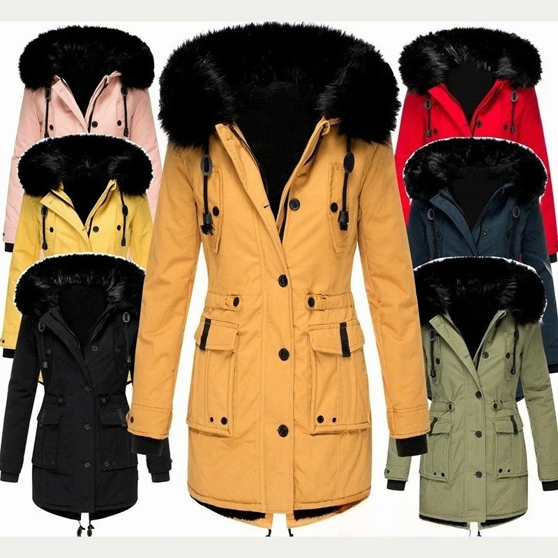 Katoenen jas Dames Parka's Jas Dikke bontkraag Zakken met capuchon Trekkoord Enkele rij knopen Winddichte bovenkleding Overjas Winter