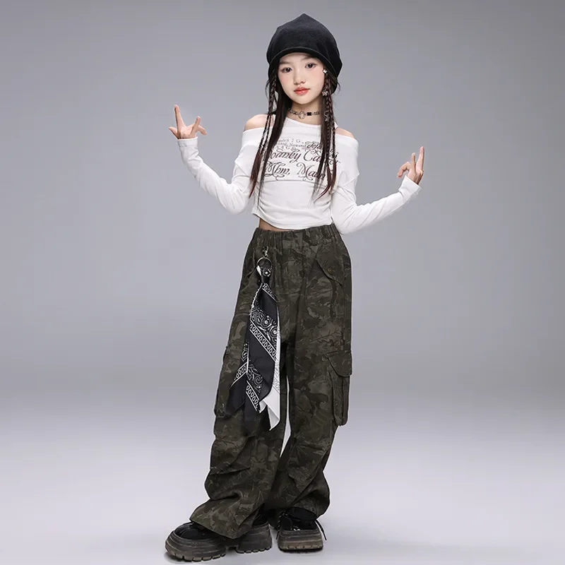 

Girl Jazz Dance Costume Clothes Kid Hip Hop Clothing White Cold Shoulder T Shirt Crop Top Camouflage Casual Wide Cargo Pants