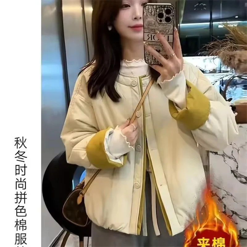 معطف نسائي كوري بخياطة متباينة 2026 لخريف وشتاء جديد مبطن بالقطن سترة نسائية قصيرة ورقيقة ملابس خارجية عصرية فضفاضة #5