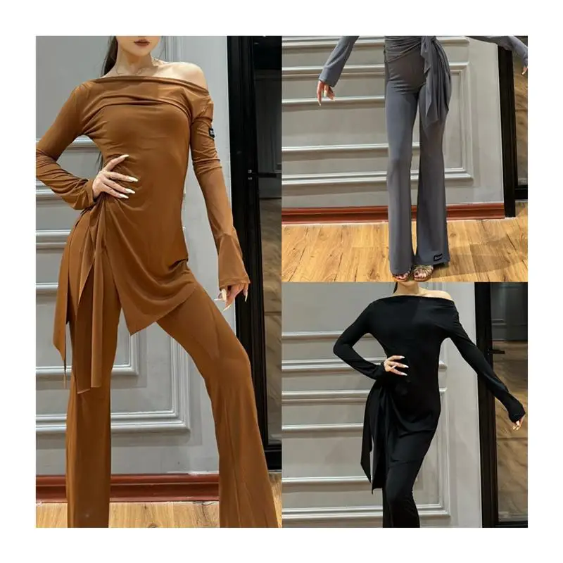 Dopasowany strój do tańca latynoamerykańskiego: bluzka z odkrytymi ramionami, długi rękaw, bluza z kapturem, spodnie z rozszerzanymi nogawkami, szary garnitur, do nauki, ćwiczeń i występów tanecznych.