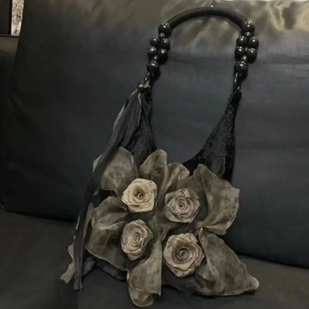 Bloom Fairy Core Rose Handbag Women Vintage Chinese Style Folds Chic Black Shoulder Bags Ladies Retro Sweet Cool Y2k Bag Purse