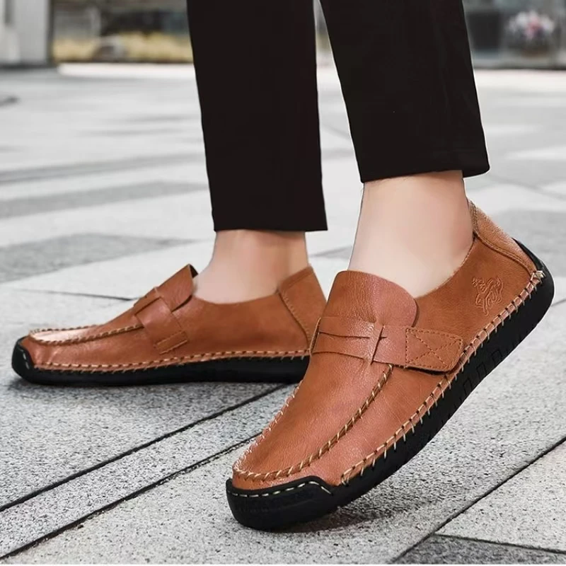 

Men's Spring Autumn New Leather Big Size Casual Shoes Soft Sole Non Slip Hand -Stitched Thread Velcro Business Casual Shoes