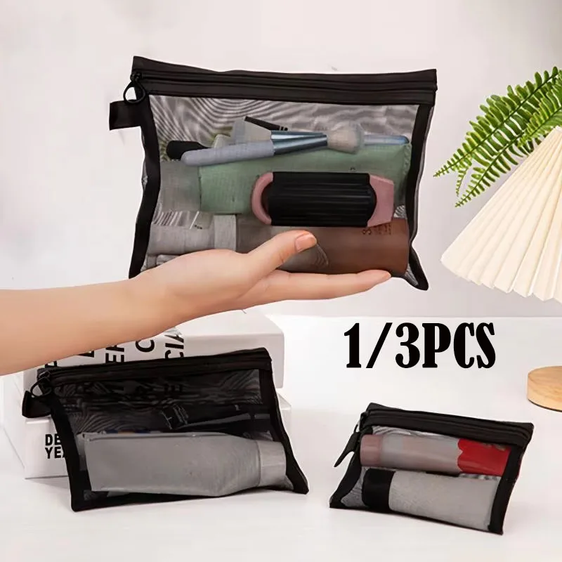 Bolsa de cosméticos de malla para mujer, bolsa de almacenamiento de viaje para maquillaje, organizador, bolsa de maquillaje para mujer, estuche de belleza portátil pequeño y grande