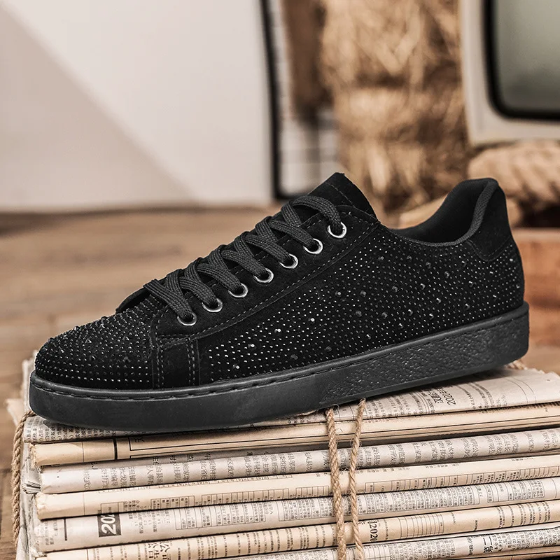 2025 New Men's Diamond Flash Sneakers Comfortable Breathable Flat Sole Travel Student Casual Matte Black Trendy Footwear Tenis