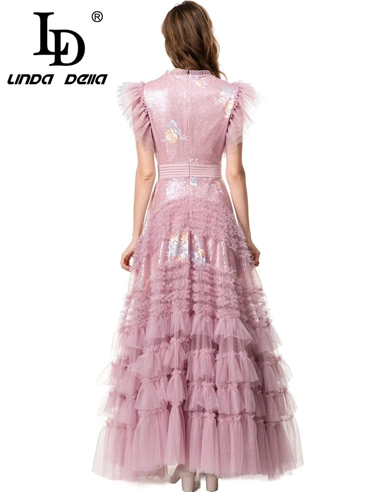 LD LINDA DELL فستان عشاء شبكي مطرز بلون سادة ورقبة على شكل حرف V فستان عشاء مثير للولائم عالي الخصر فستان عصري