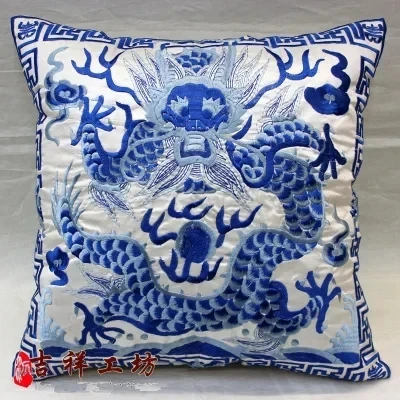 2 Pcs Silky Oriental Chinese Porcelain Embroidered Decorative Throw Pillow Case Cushion Coverchinoiserie  blue white BW