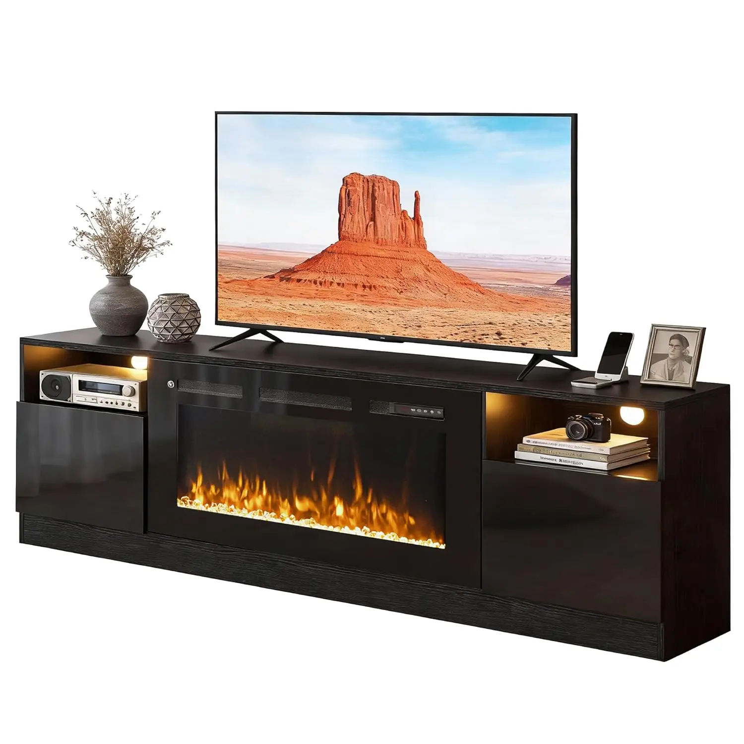 80" Fireplace TV Stand with 36" Electric Fireplace, LED Light Entertainment Center for TVs Up to 90", High-Gloss Door,