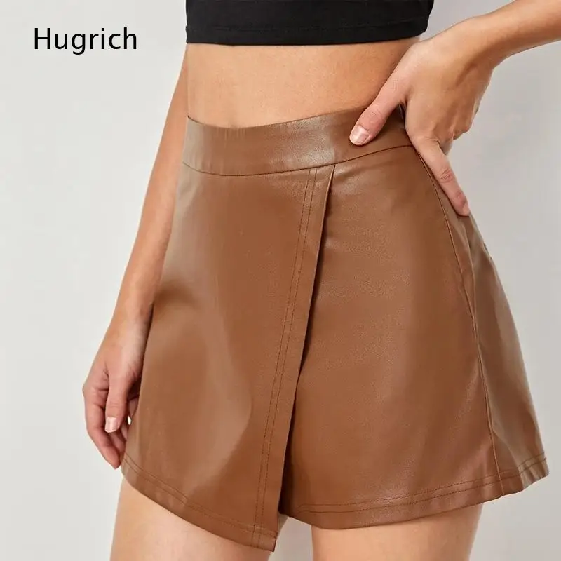 Brown High Waist Wrap Overlap Front Faux Leather Skort Women Stitch Detail 2 In 1 Skirt Shorts Pu Mini Skort Daily Office