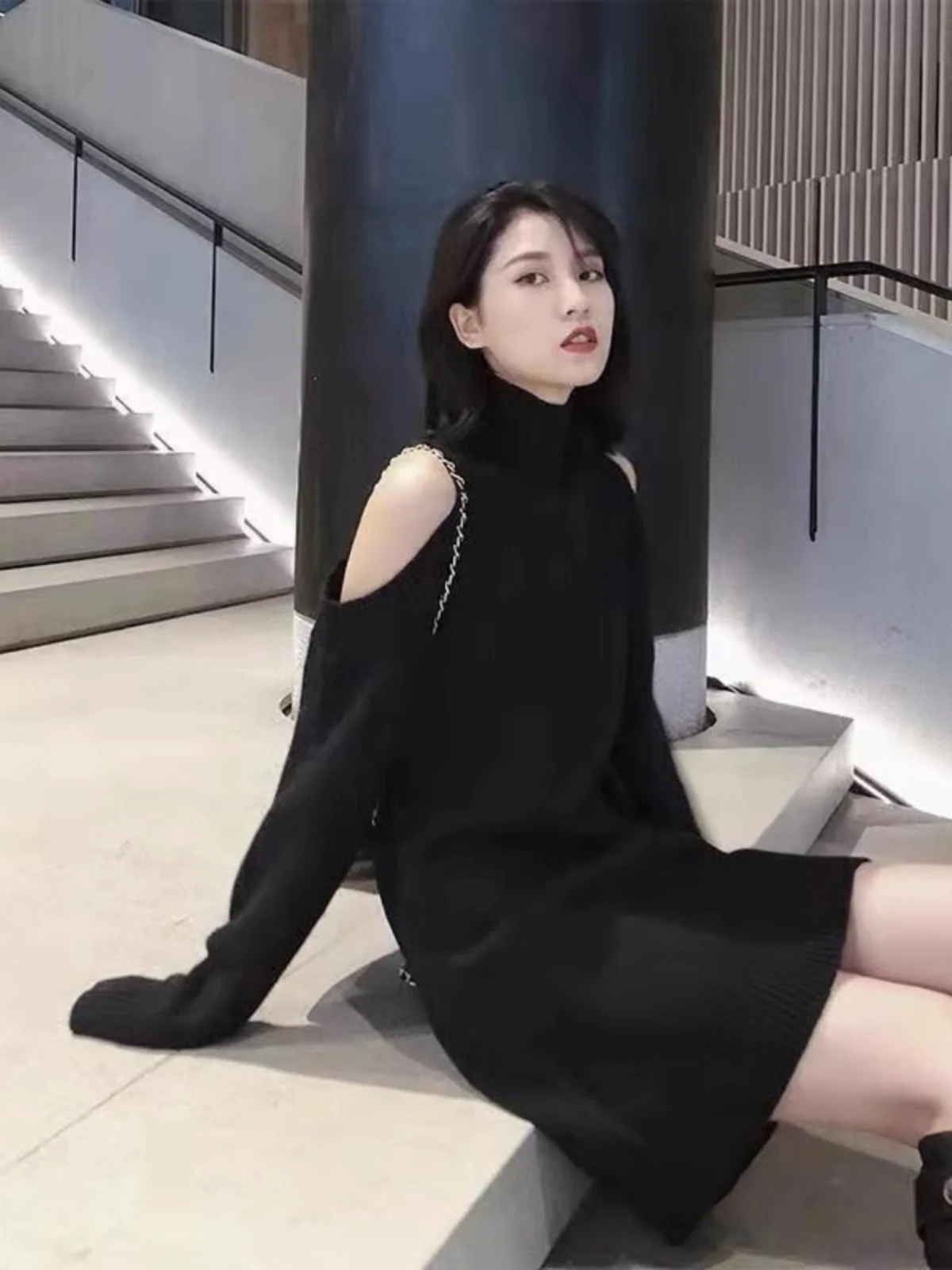 

Вязаный свитер больших размеров High Ne Midi Dr Casual Commute Korean Sle Long Sve Свободный крой All Body pes Подходит