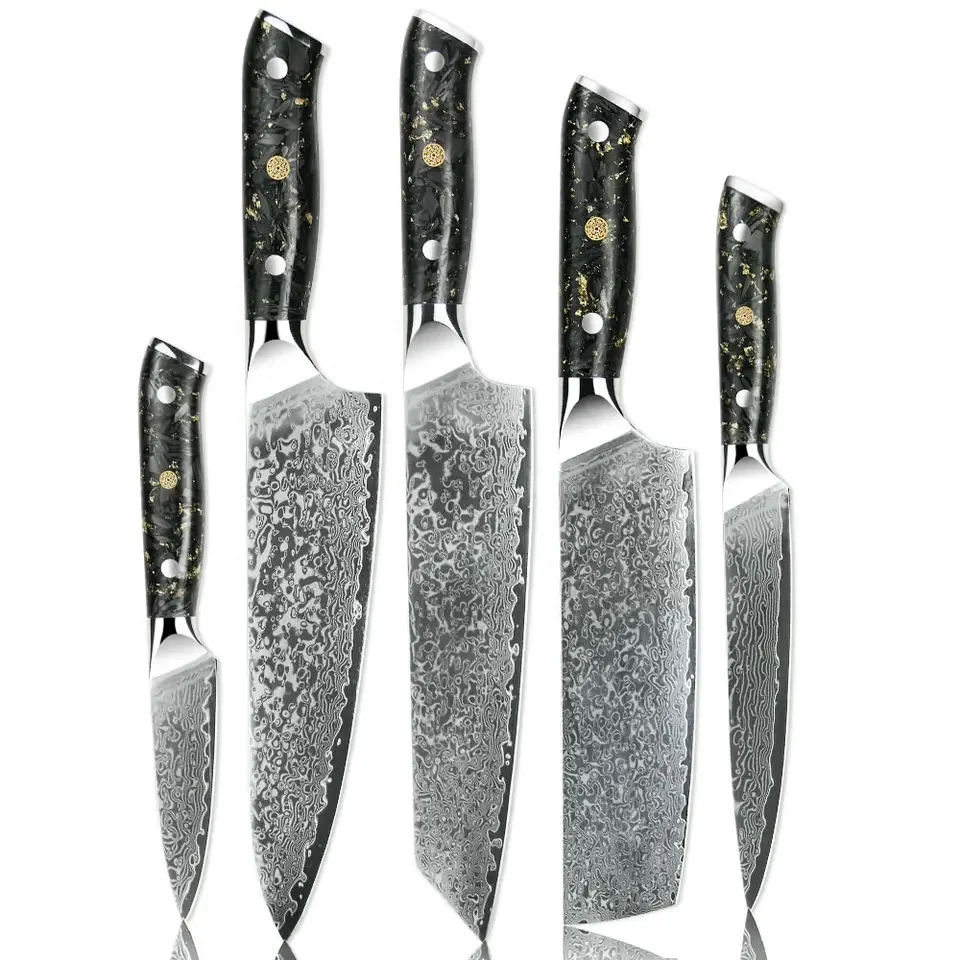 Wholesale Manufacturers  High Quality 5pcs Damascus Steel Chef Knife Set With Carbon Fiber Handle