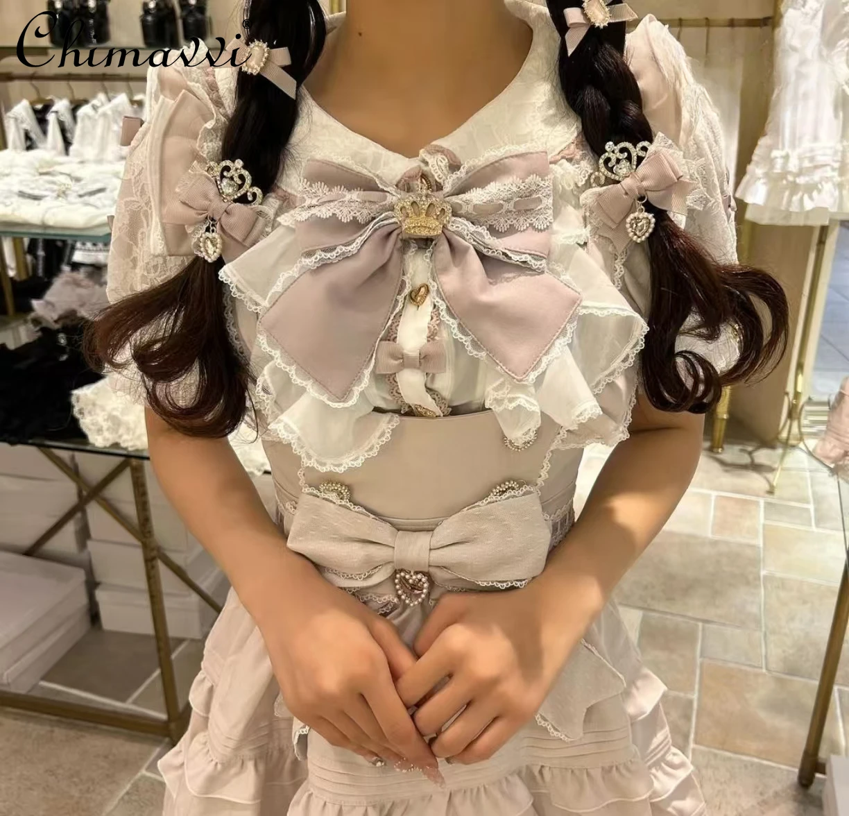 Japanese Liz New Sweet Cute Bowknot Layer Strap Cake Dress Women Spring Lolita Solid Color Lolita Above Knee Suspender Dresses