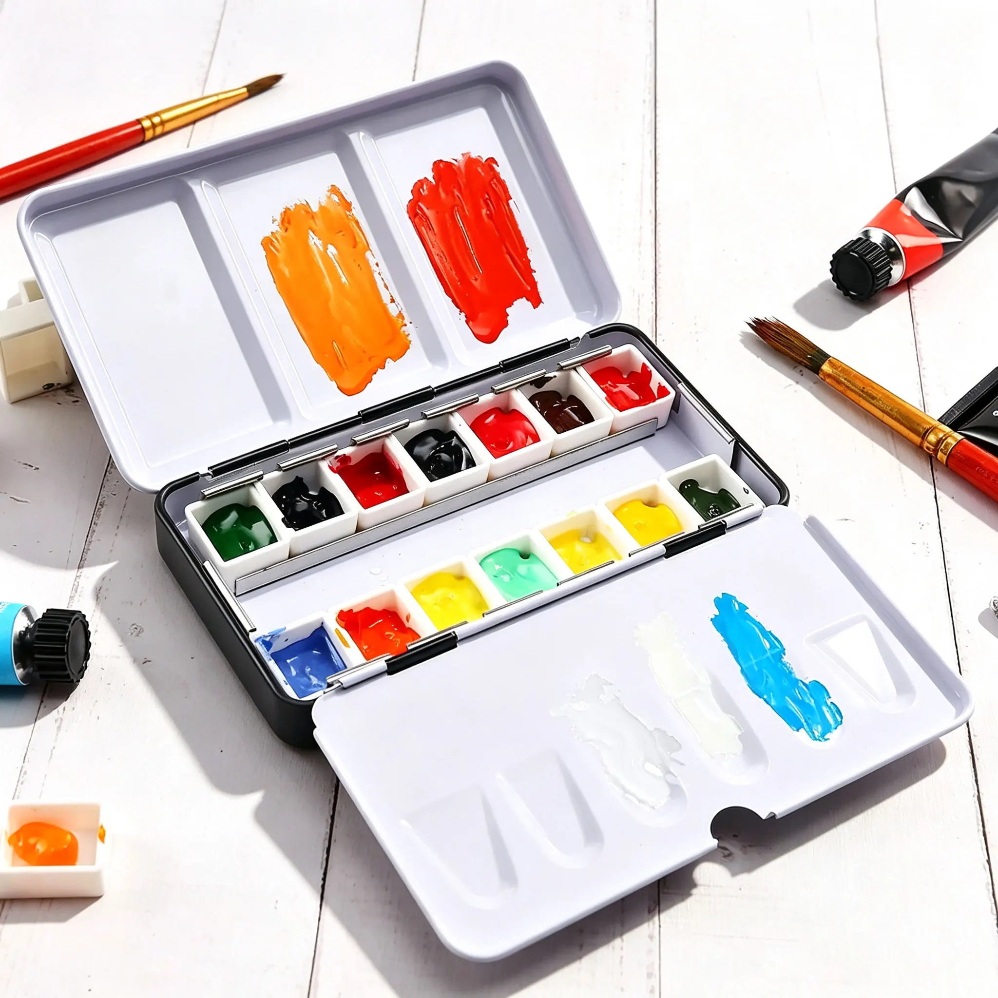 Empty Watercolor Tin Palette Box 14 Half Pans Fold‑Out Mixing Palette Portable DIY Paint Storage Case
