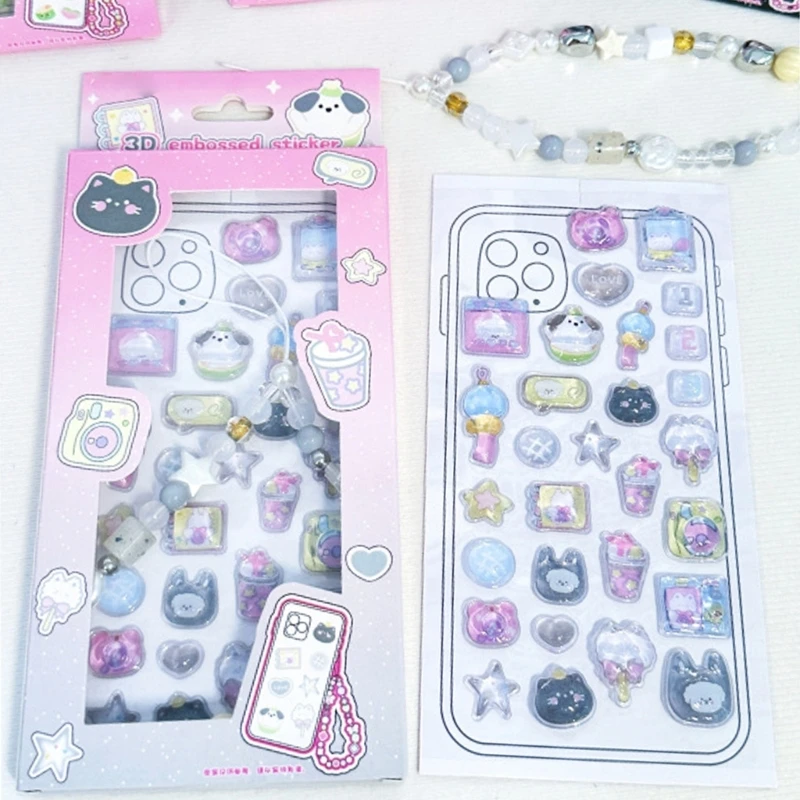 Embossed PVC Sticker Phone Chain Charm Set Decorative Sticker for Water Bottle Journal Planner Photo Album Scrapbooking F19E
