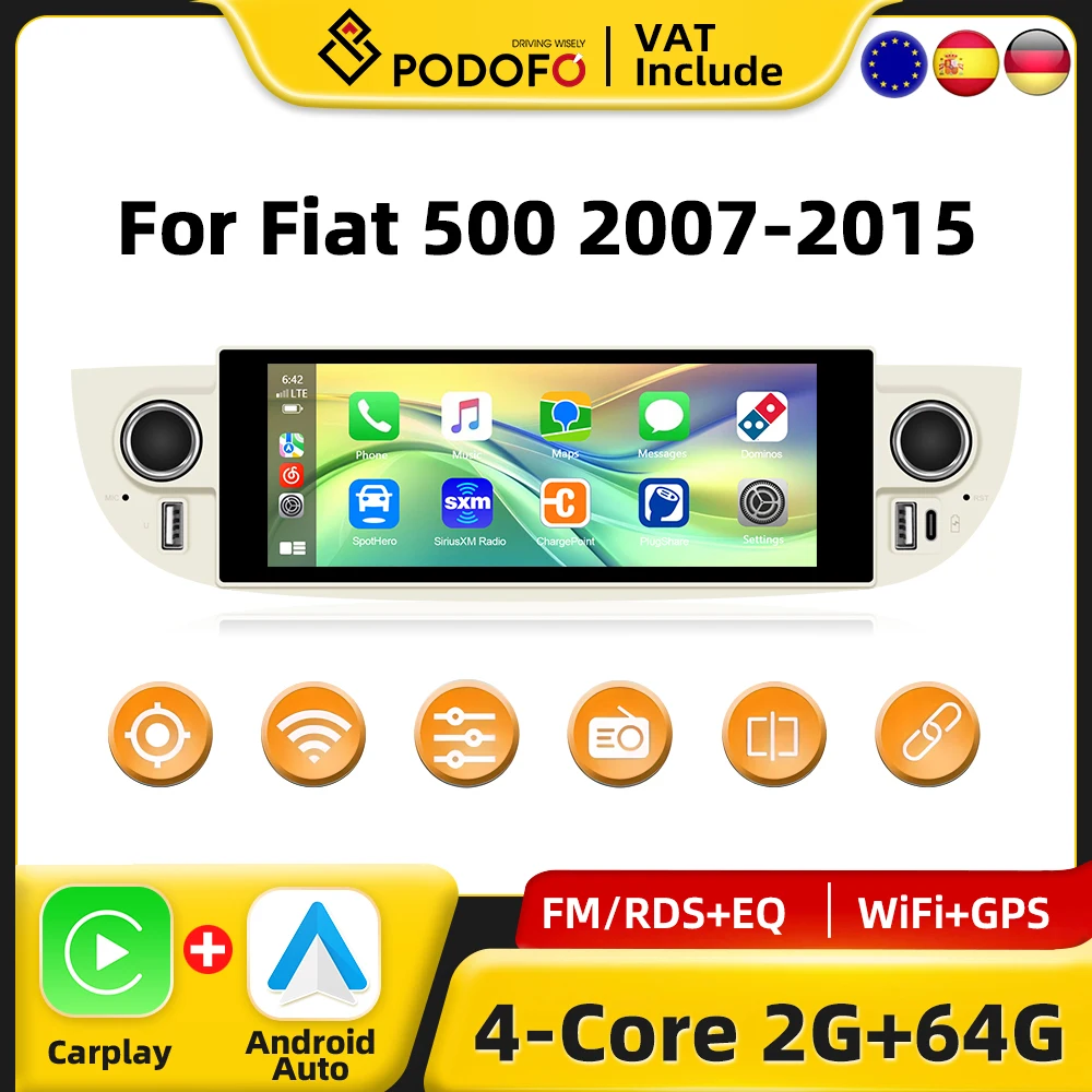 Podofo CarPlay Android Radio Per Fiat 500 2007-2015 Lettore Multimediale Per Auto 2din 1din GPS Stereo Sistema Intelligente RDS Auto Radio