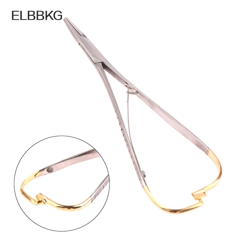 1PC Dental Stainless Steel Tweezers Needle Holder Orthodontic Plier with Gold Handle Dental Surgical Tool Instrument