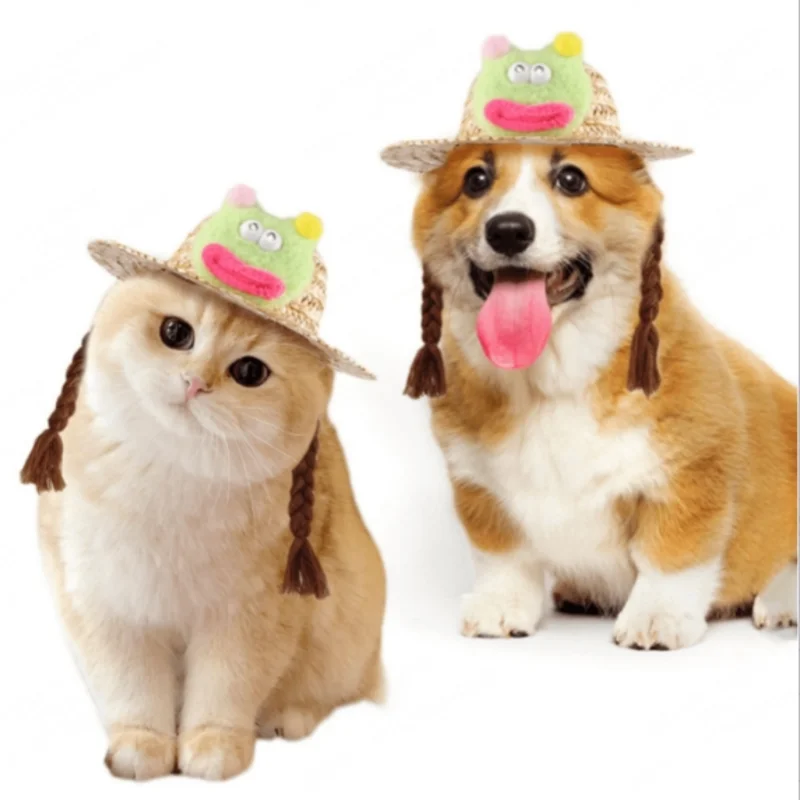 Pet braided straw hat cartoon cute puppy hat small and medium-sized dogs universal pet funny straw hat