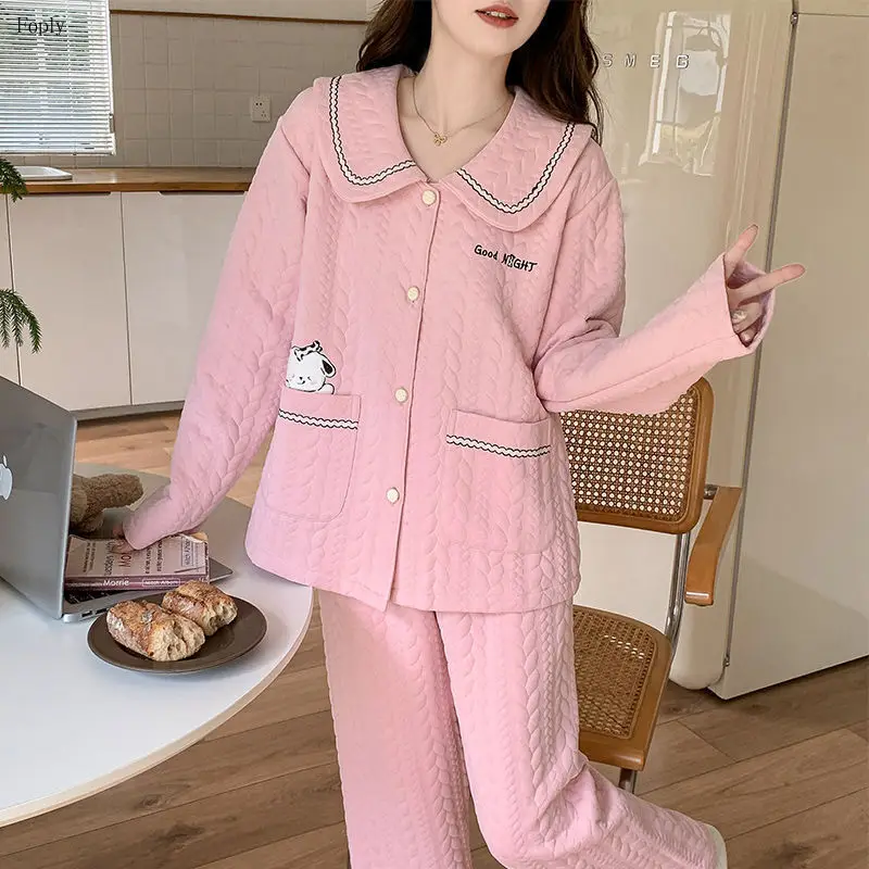 

Autumn Winter 100% Cotton Pajamas for Women Warm Thickened Homewear Air Cotton Long Sleeves Trousers Doll Collar Sweet Sleepwear