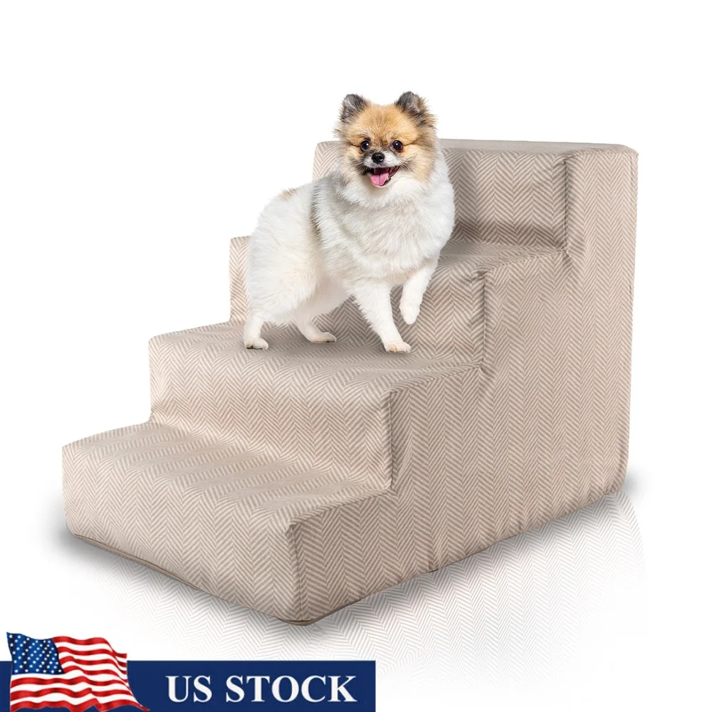 

High Density Foam 4-Step Pet Stairs Dogs Cats Non-Skid Portable Removable Washable Cover Easy Access to Beds Couches