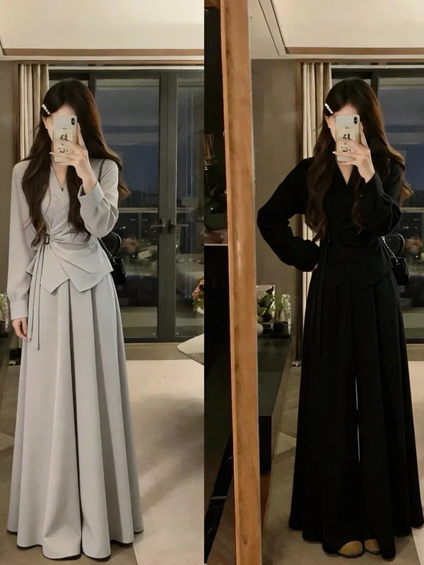 

plus Size Fashionable Set Women's Spring New Style Slimming Versatile Long Sleeve Top Wide Leg Pants Two Piece Set