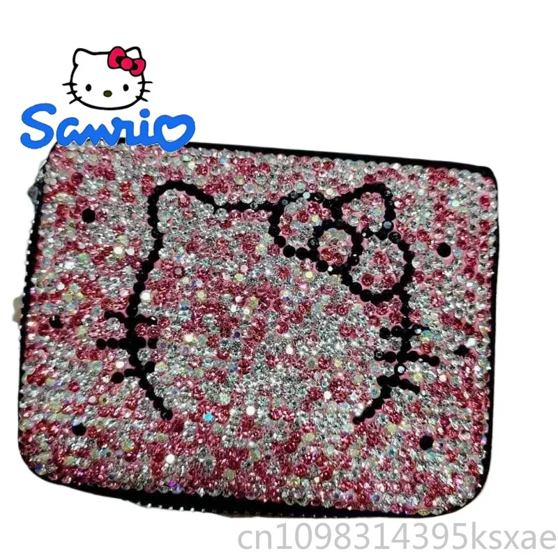 Hello Kitty Luxury Card Holder Genuine Leather Card Purse Handbag Women's Crystal Rhinestone Accordion Multi Slot Zipper Gift
