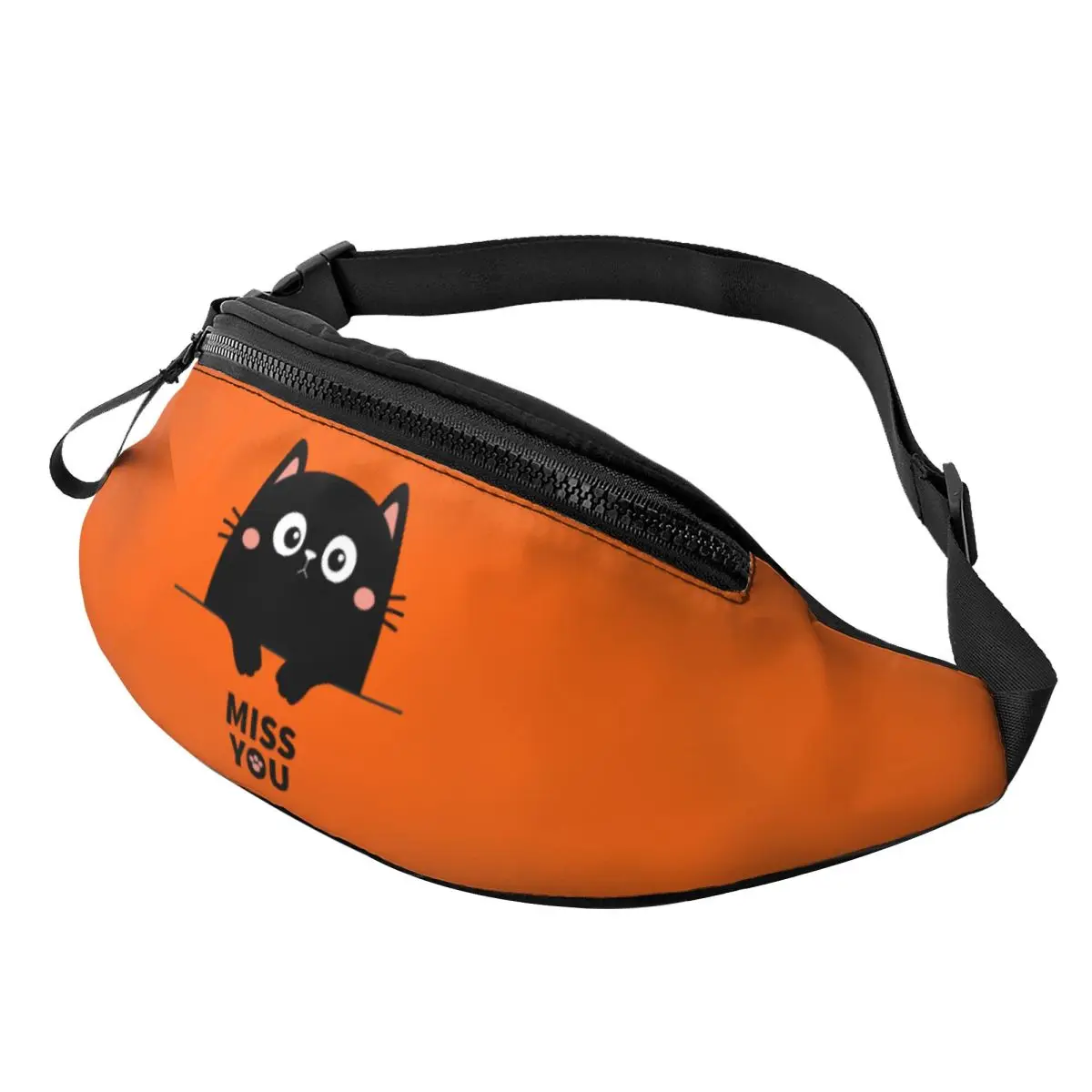 

Custom Cute Black Cat Miss You Fanny Bag Cartoon Kitten Crossbody Waist Pack Men Women Cycling Camping Phone Money Pouch