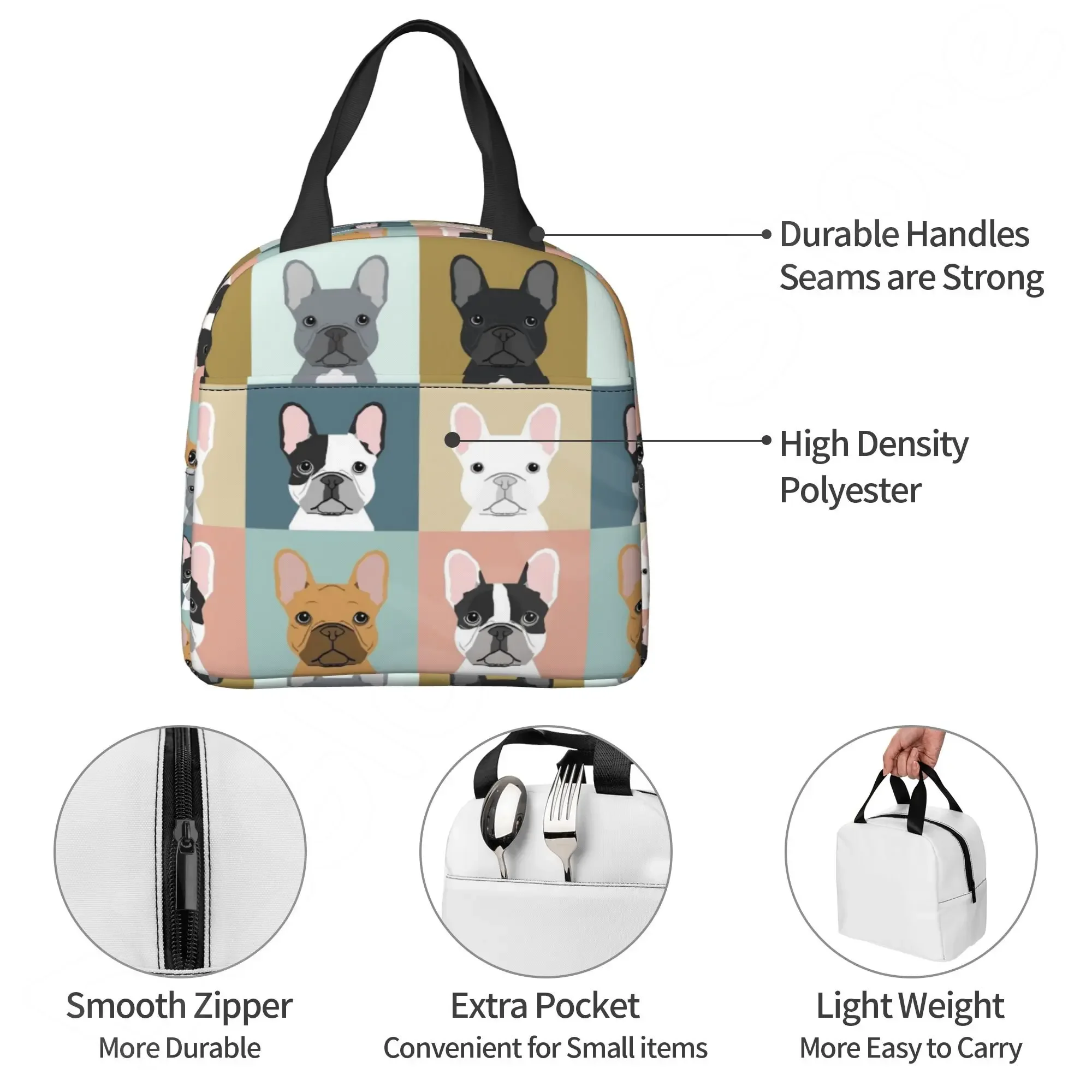 French Bulldogs Dog Insulated Lunch Bag for Women Men and Kids Large and Reusable Handle Freezable Work School Travel Tote Bags