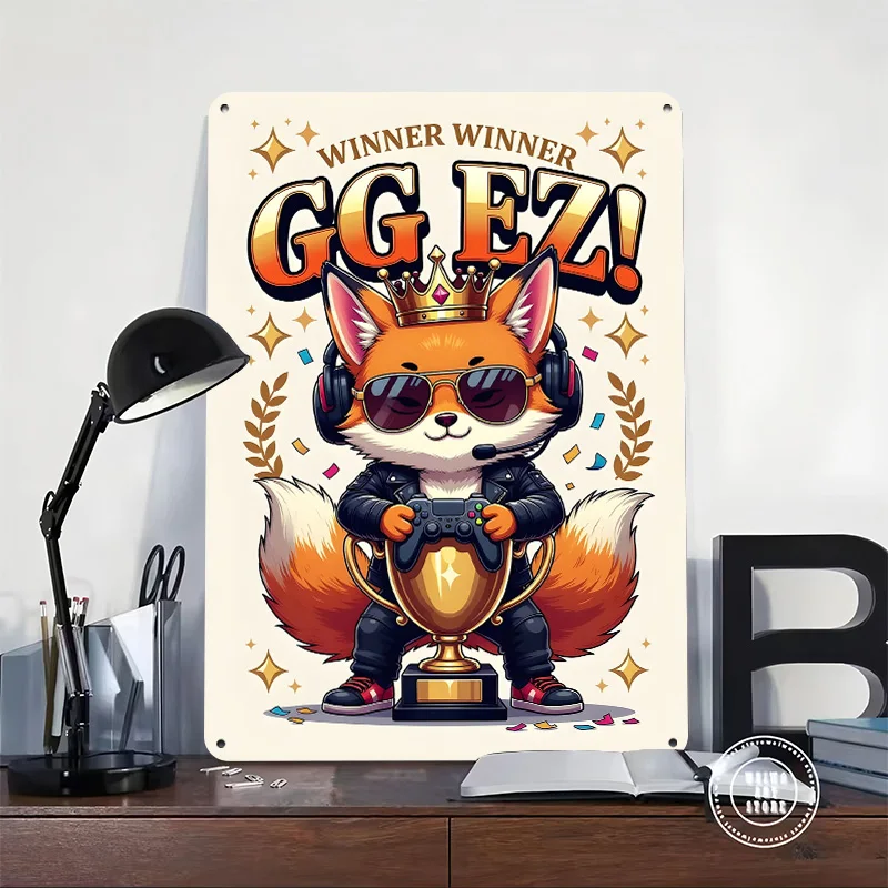 Gaming Fox Winner Trophy Personalized 3D Textured Metal Poster Wall Art Vintage Tin Signs for Modern Home Decoration Luxury Room