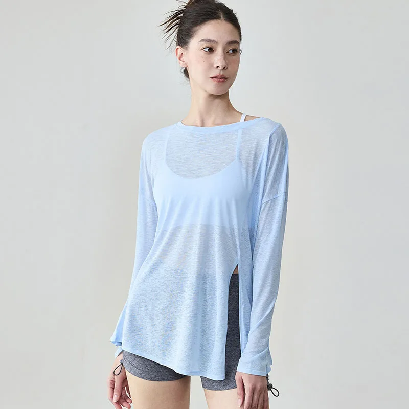 2025 Breathable Round Neck Casual Fitness Long Sleeved Frayed Sports T-shirt Loose And Slim Fitting Versatile Yoga Cover Up Top