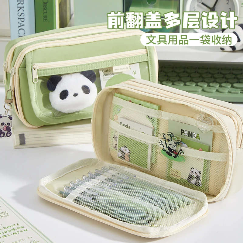 papelería divertida Simple Avocado Green Panda Pencil Bag Large Capacity 9-Layer Storage Girls Student cute pencil case