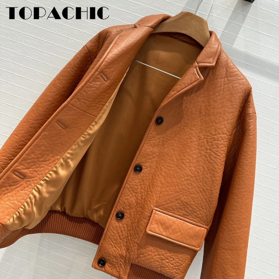 7.15 TOPACHIC-Women Street All-matches Single Breasted Lapel Jacket High Quality Sheepskin Spliced Knit Hem Loose Outerwear