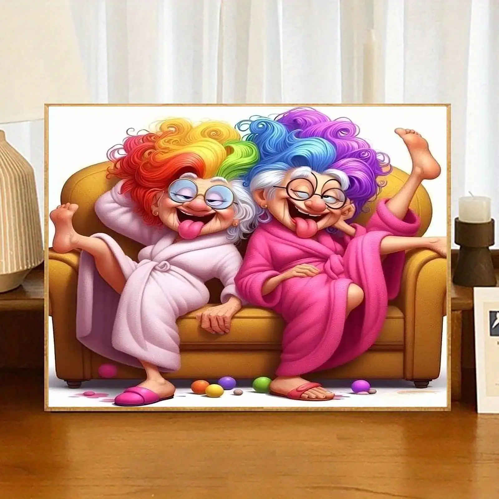 Professional Art Use: A Frameless Digital Oil Painting Kit Featuring a Joyful Interaction Between a Colorful-haired Grandmother.